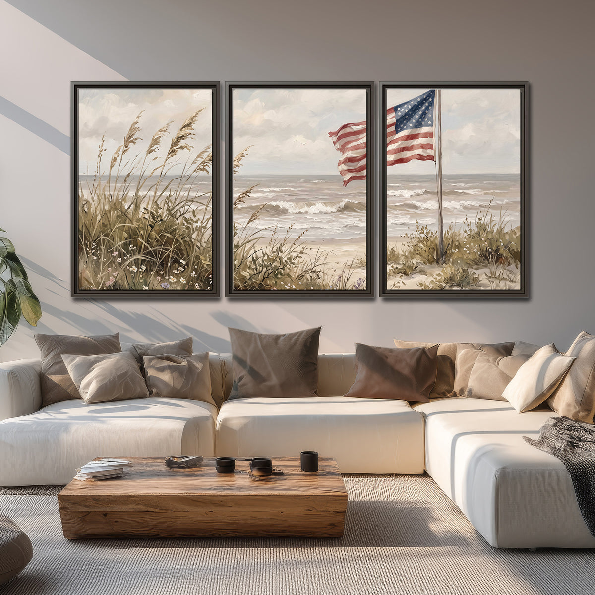 An American flag above coastal grasses beside a quiet sandy beach 3 piece framed canvas wall art displayed in a living room