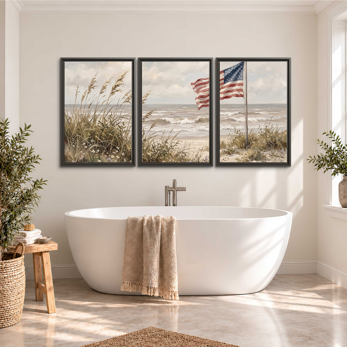 An American flag above coastal grasses beside a quiet sandy beach 3 piece framed canvas wall art styled in an interior