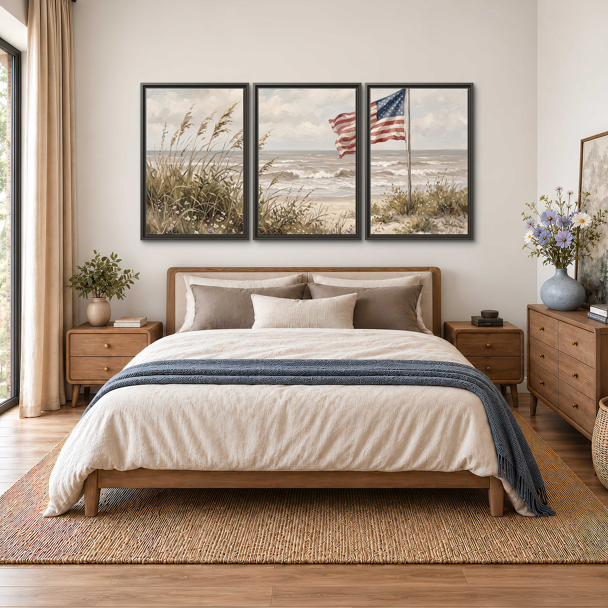 An American flag above coastal grasses beside a quiet sandy beach 3 piece framed canvas wall art styled in an interior