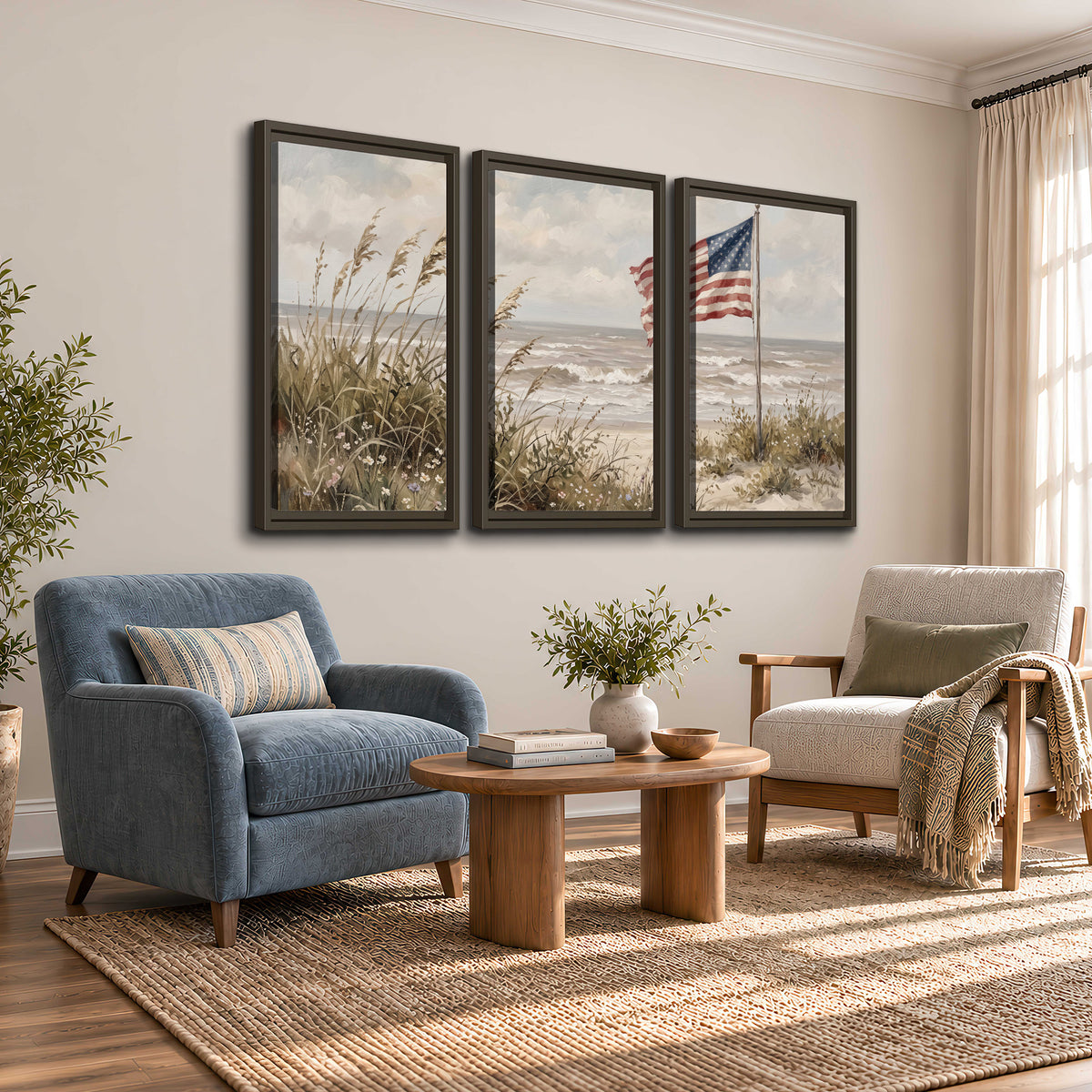 An American flag above coastal grasses beside a quiet sandy beach 3 piece framed canvas wall art styled in an interior