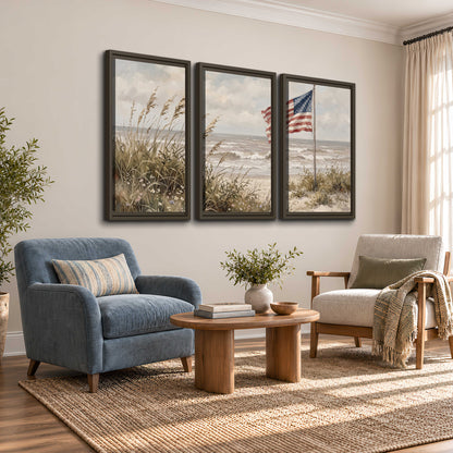 An American flag above coastal grasses beside a quiet sandy beach 3 piece framed canvas wall art styled in an interior