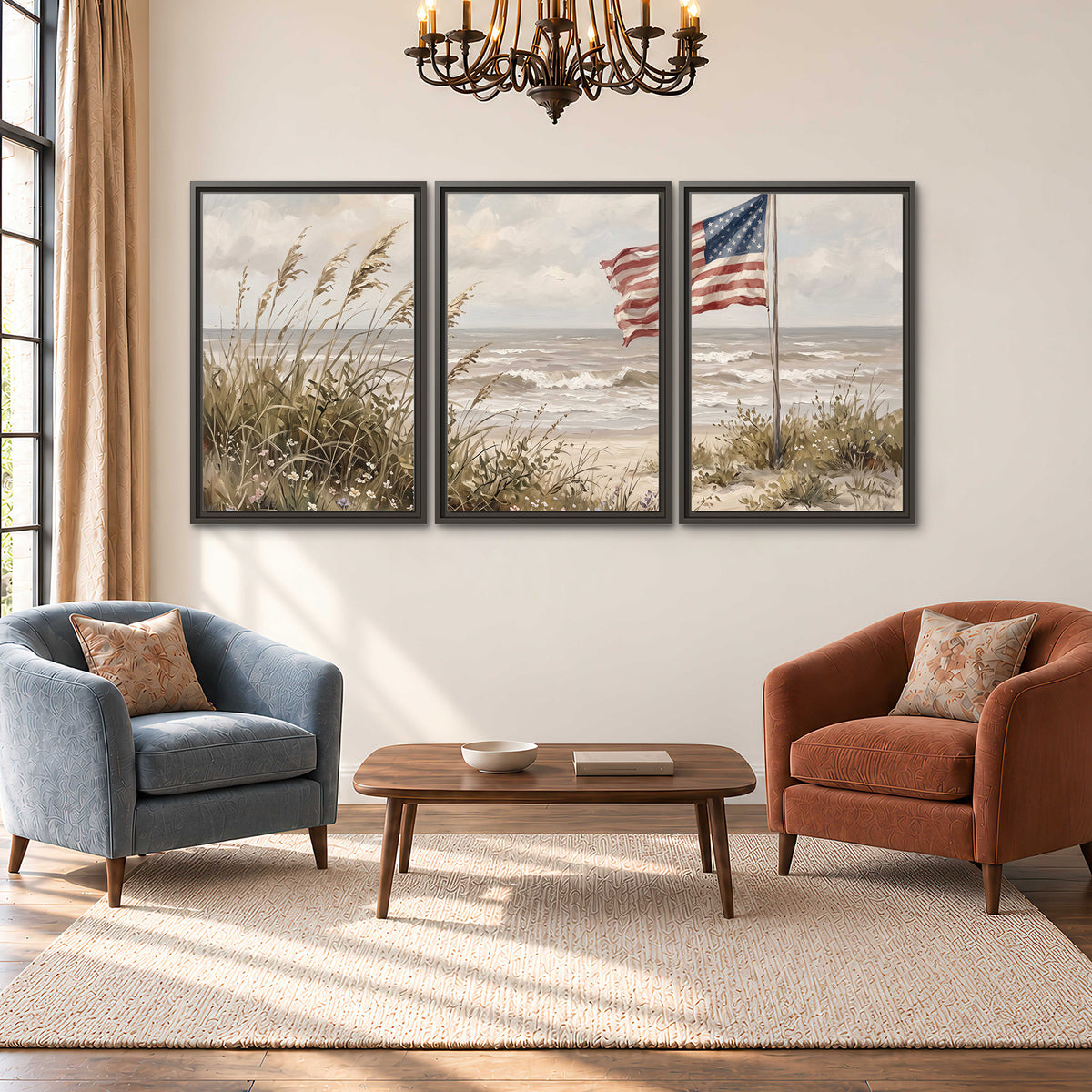 An American flag above coastal grasses beside a quiet sandy beach 3 piece framed canvas wall art styled in an interior