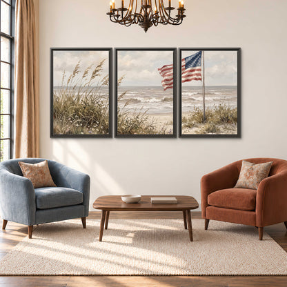 An American flag above coastal grasses beside a quiet sandy beach 3 piece framed canvas wall art styled in an interior
