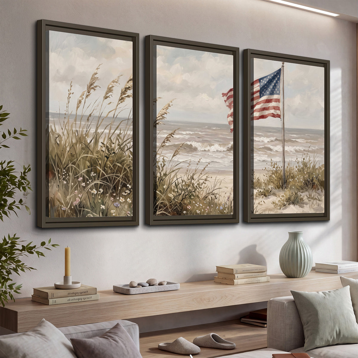 An American flag above coastal grasses beside a quiet sandy beach 3 piece framed canvas wall art displayed in a console