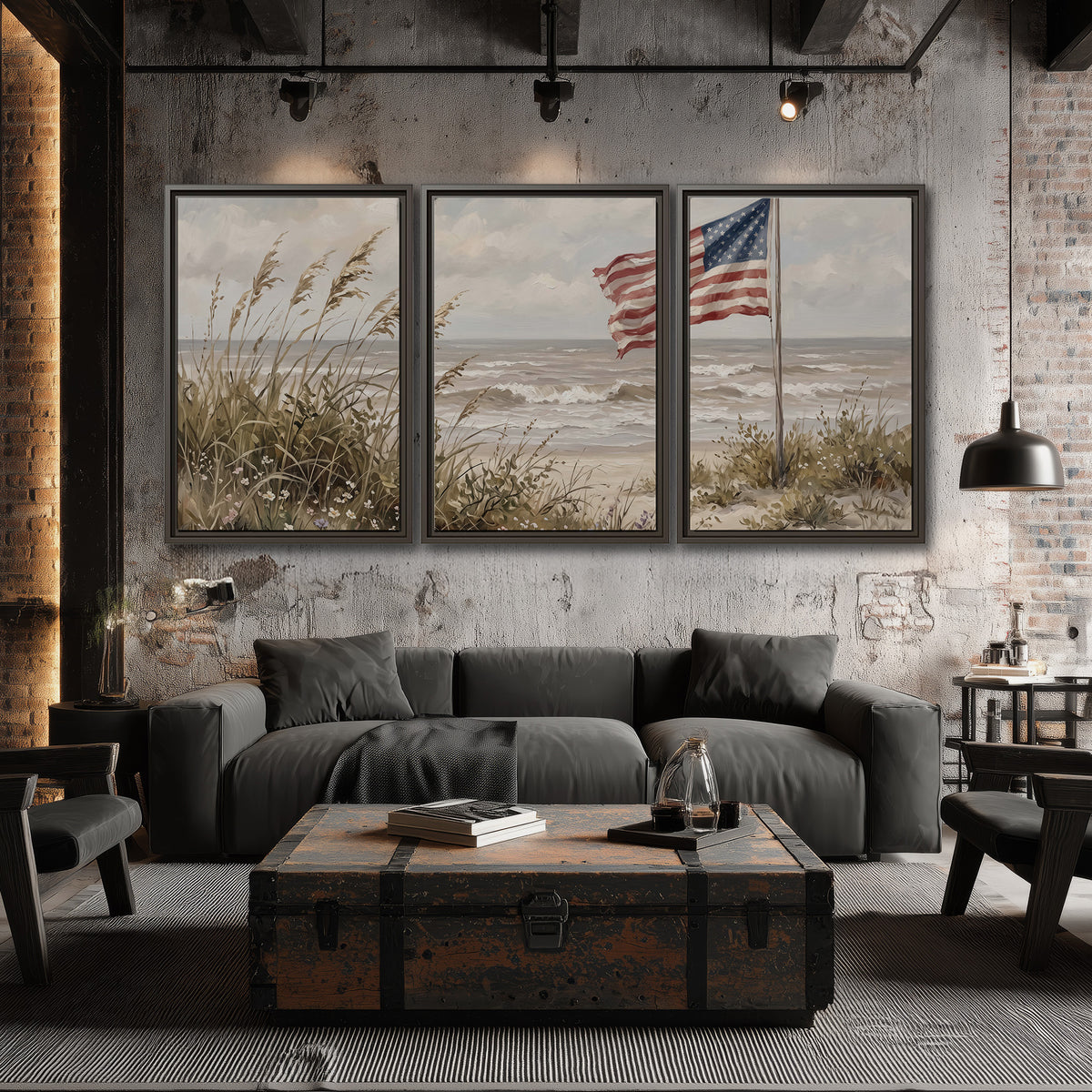 An American flag above coastal grasses beside a quiet sandy beach 3 piece framed canvas wall art displayed in a industrial room