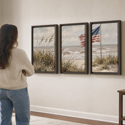 An American flag above coastal grasses beside a quiet sandy beach 3 piece framed canvas wall art three panel arrangement on a wall
