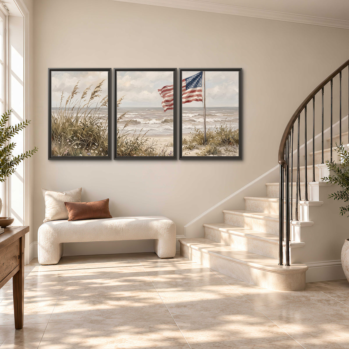 An American flag above coastal grasses beside a quiet sandy beach 3 piece framed canvas wall art styled in an interior