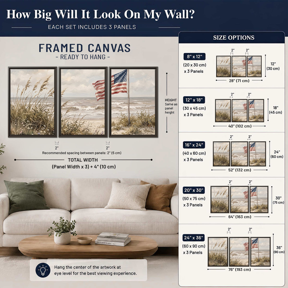 An American flag above coastal grasses beside a quiet sandy beach 3 piece framed canvas wall art size guide above a sofa; room view is illustrative