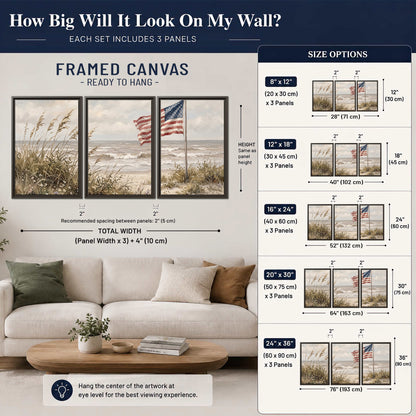 An American flag above coastal grasses beside a quiet sandy beach 3 piece framed canvas wall art size guide above a sofa; room view is illustrative