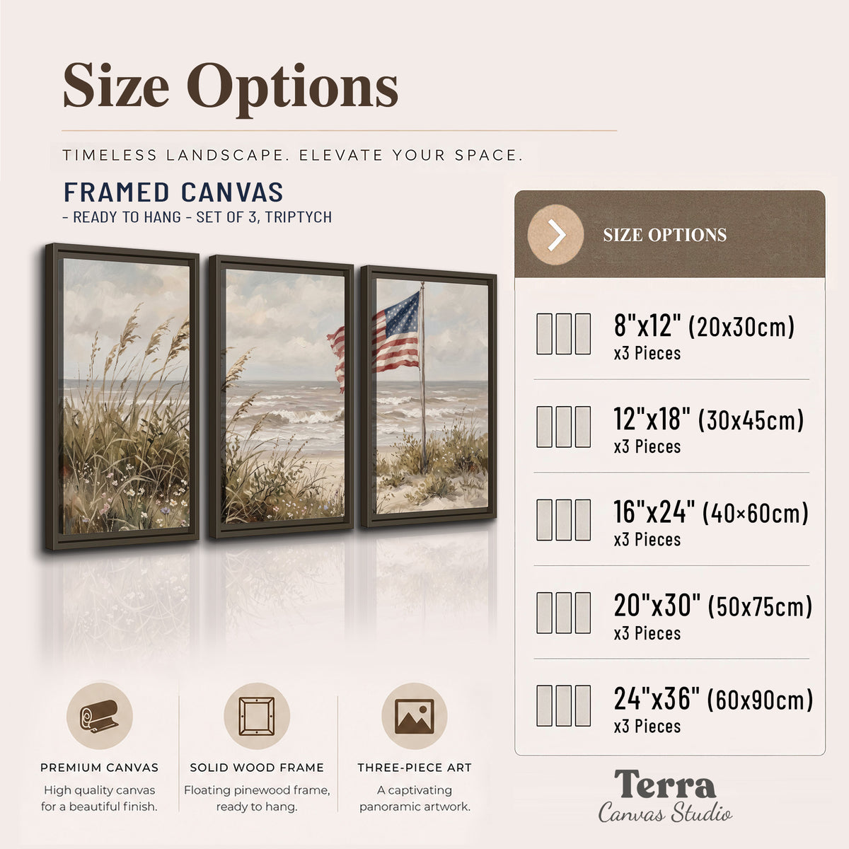 An American flag above coastal grasses beside a quiet sandy beach 3 piece framed canvas wall art available dimensions; triptych dimensions are per panel