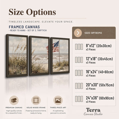 An American flag above coastal grasses beside a quiet sandy beach 3 piece framed canvas wall art available dimensions; triptych dimensions are per panel