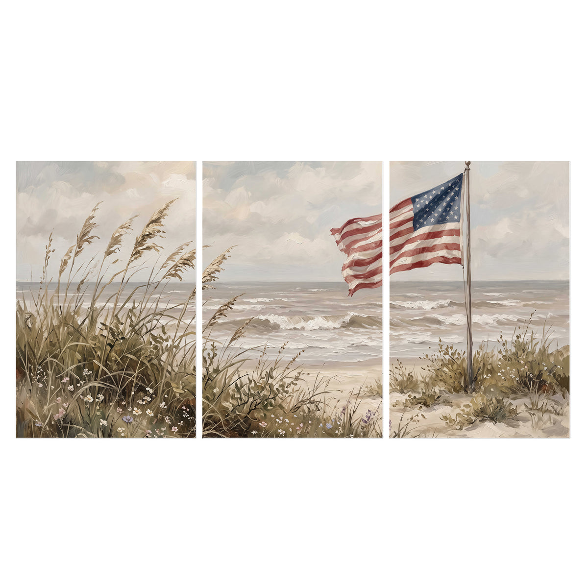An American flag above coastal grasses beside a quiet sandy beach set of 3 poster prints viewed straight on