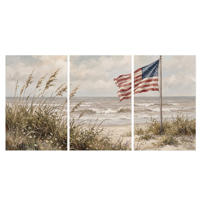 An American flag above coastal grasses beside a quiet sandy beach set of 3 poster prints viewed straight on