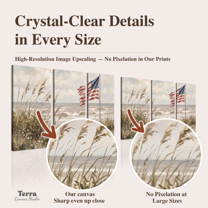 An American flag above coastal grasses beside a quiet sandy beach artwork quality information