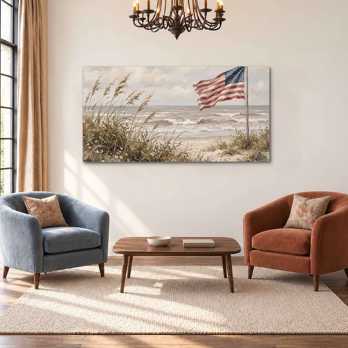 An American flag above coastal grasses beside a quiet sandy beach single canvas wall art styled in an interior