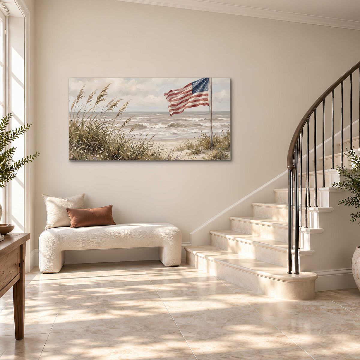 An American flag above coastal grasses beside a quiet sandy beach single canvas wall art styled in an interior