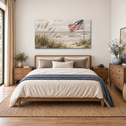 An American flag above coastal grasses beside a quiet sandy beach single canvas wall art styled in an interior