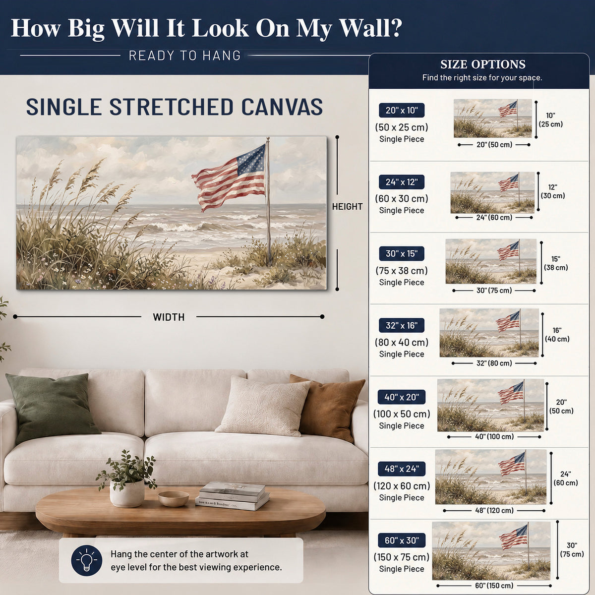 An American flag above coastal grasses beside a quiet sandy beach single canvas wall art size guide above a sofa; room view is illustrative