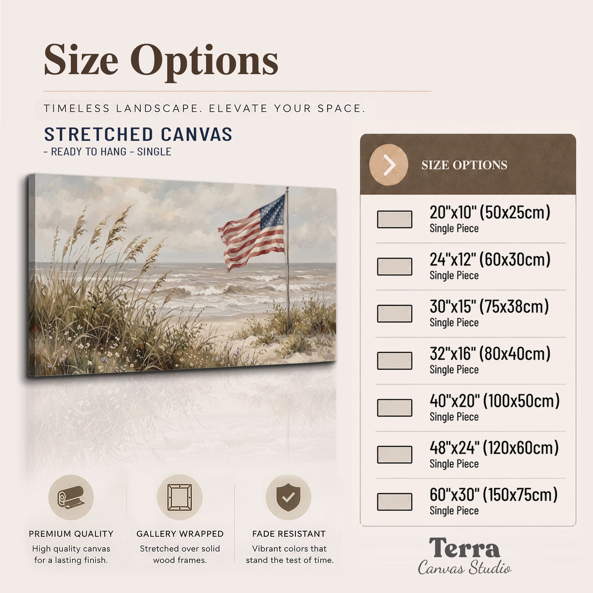 An American flag above coastal grasses beside a quiet sandy beach single canvas wall art available dimensions