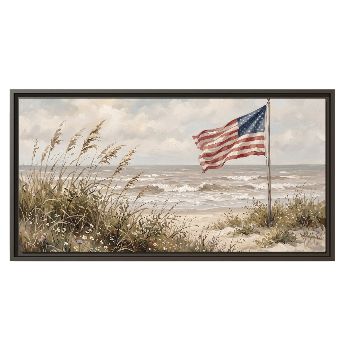 An American flag above coastal grasses beside a quiet sandy beach single framed canvas wall art viewed straight on
