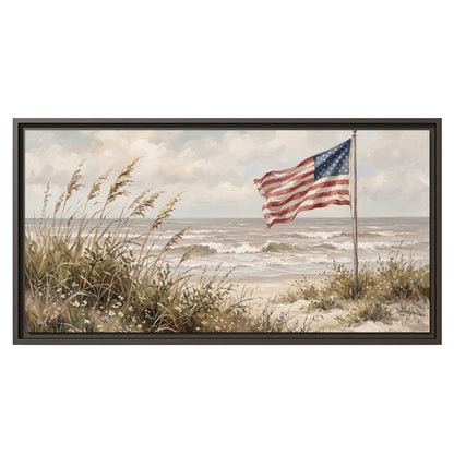 An American flag above coastal grasses beside a quiet sandy beach single framed canvas wall art viewed straight on