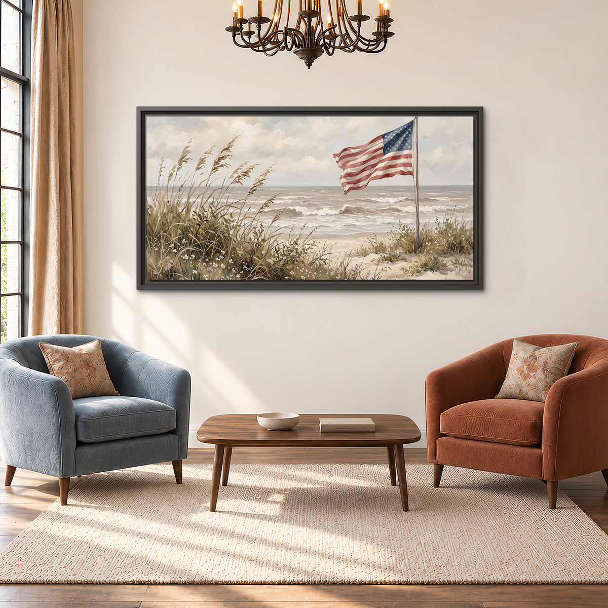 An American flag above coastal grasses beside a quiet sandy beach single framed canvas wall art styled in an interior