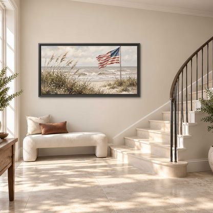 An American flag above coastal grasses beside a quiet sandy beach single framed canvas wall art styled in an interior