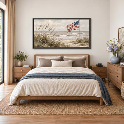 An American flag above coastal grasses beside a quiet sandy beach single framed canvas wall art styled in an interior