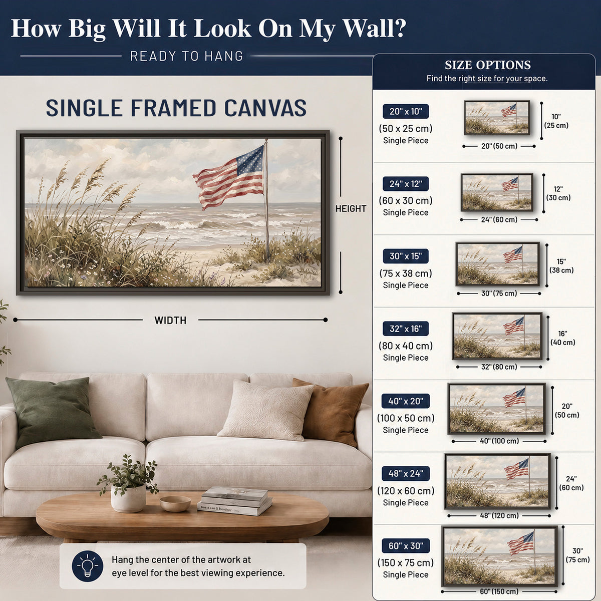 An American flag above coastal grasses beside a quiet sandy beach single framed canvas wall art size guide above a sofa; room view is illustrative