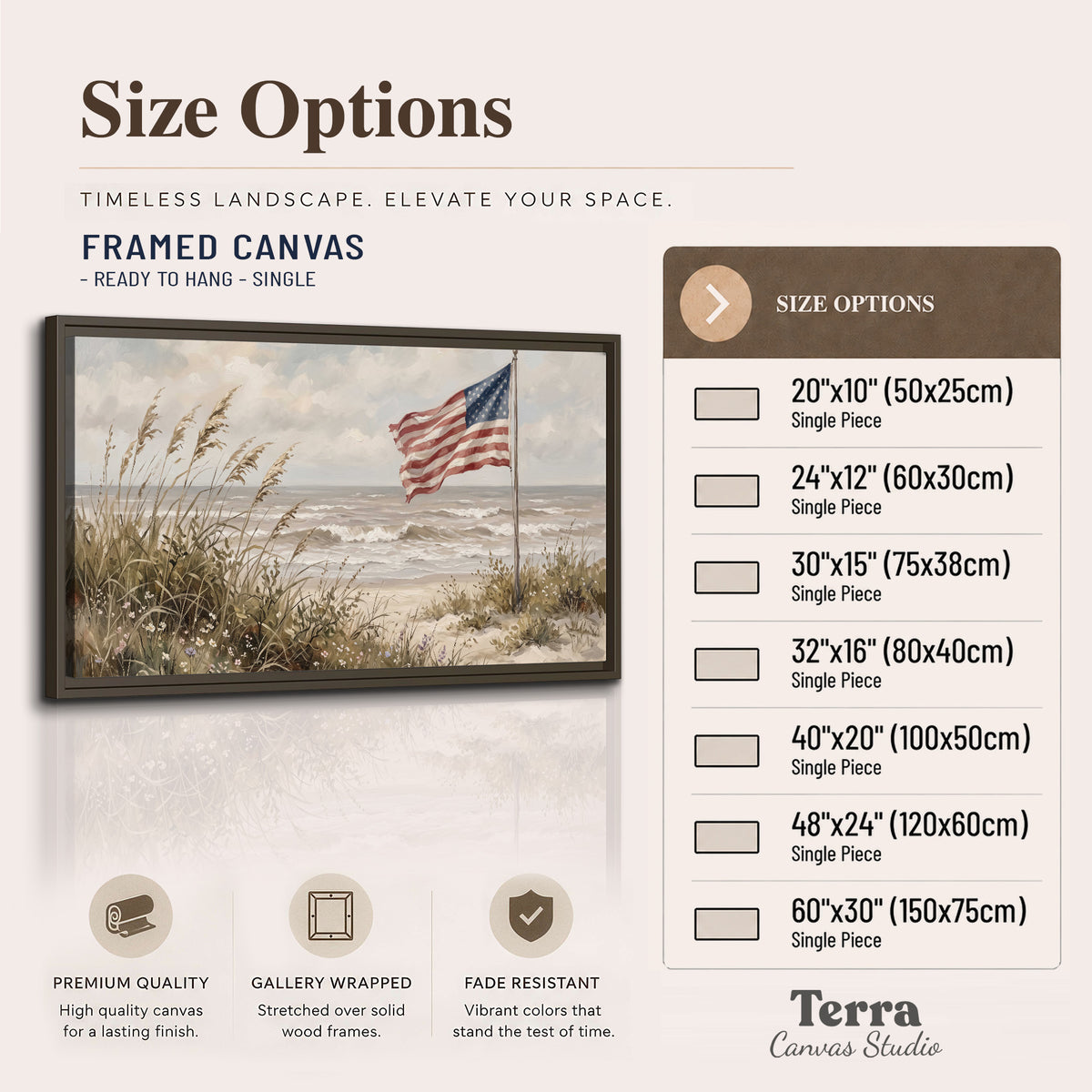 An American flag above coastal grasses beside a quiet sandy beach single framed canvas wall art available dimensions
