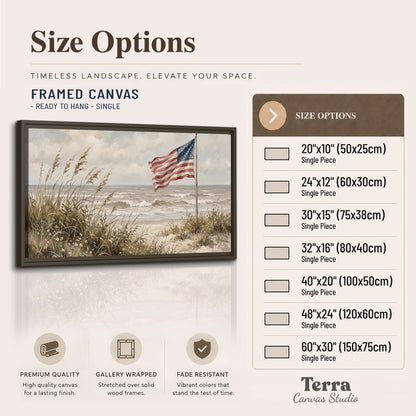 An American flag above coastal grasses beside a quiet sandy beach single framed canvas wall art available dimensions