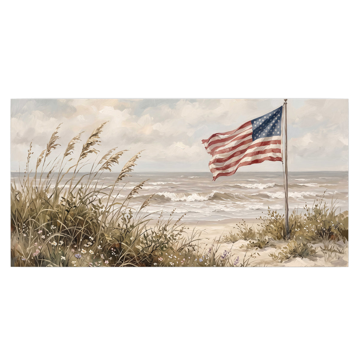 An American flag above coastal grasses beside a quiet sandy beach single poster print viewed straight on