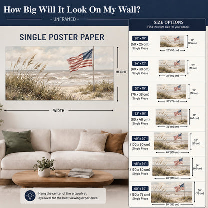 An American flag above coastal grasses beside a quiet sandy beach single poster print size guide above a sofa; room view is illustrative