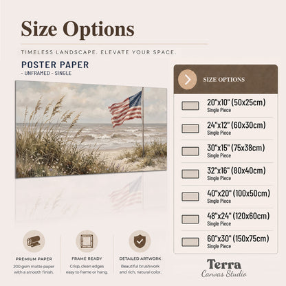 An American flag above coastal grasses beside a quiet sandy beach single poster print available dimensions