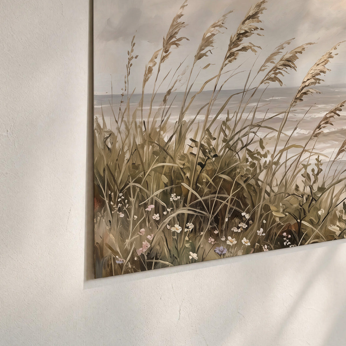 An American flag above coastal grasses beside a quiet sandy beach set of 3 poster prints material and edge close up