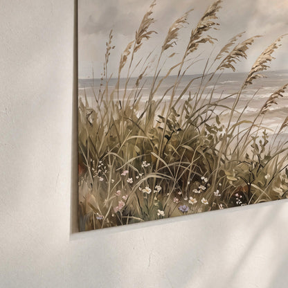 An American flag above coastal grasses beside a quiet sandy beach set of 3 poster prints material and edge close up