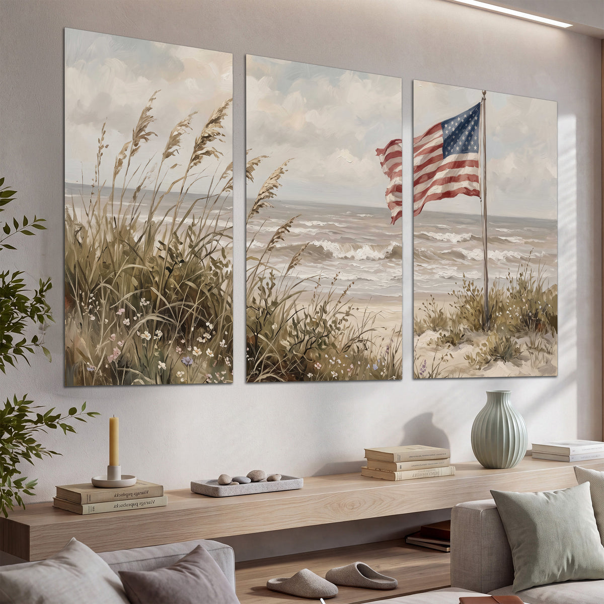 An American flag above coastal grasses beside a quiet sandy beach set of 3 poster prints displayed in a console