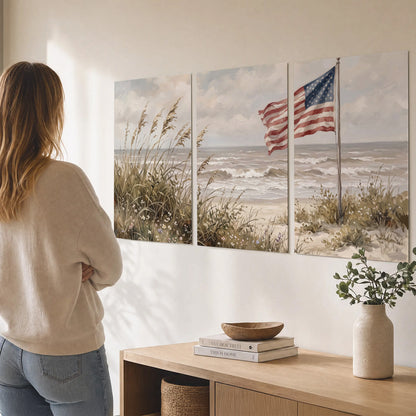 An American flag above coastal grasses beside a quiet sandy beach set of 3 poster prints three panel arrangement on a wall