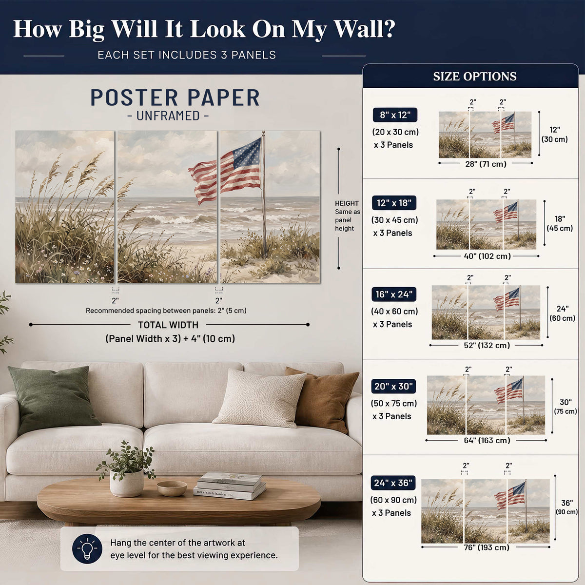 An American flag above coastal grasses beside a quiet sandy beach set of 3 poster prints size guide above a sofa; room view is illustrative
