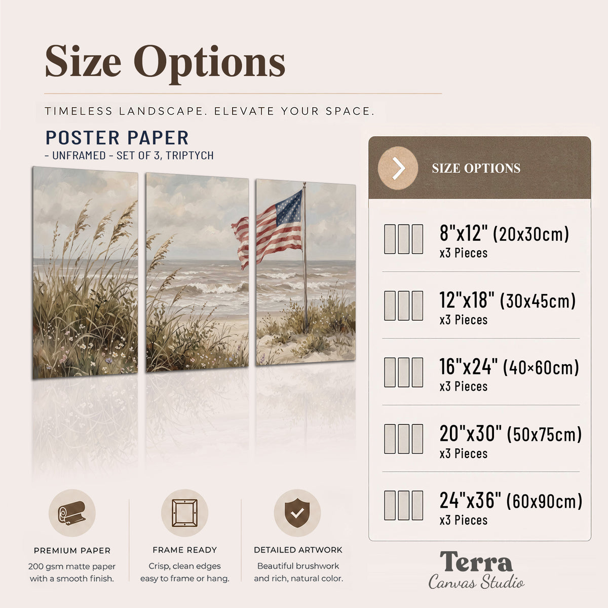An American flag above coastal grasses beside a quiet sandy beach set of 3 poster prints available dimensions; triptych dimensions are per panel