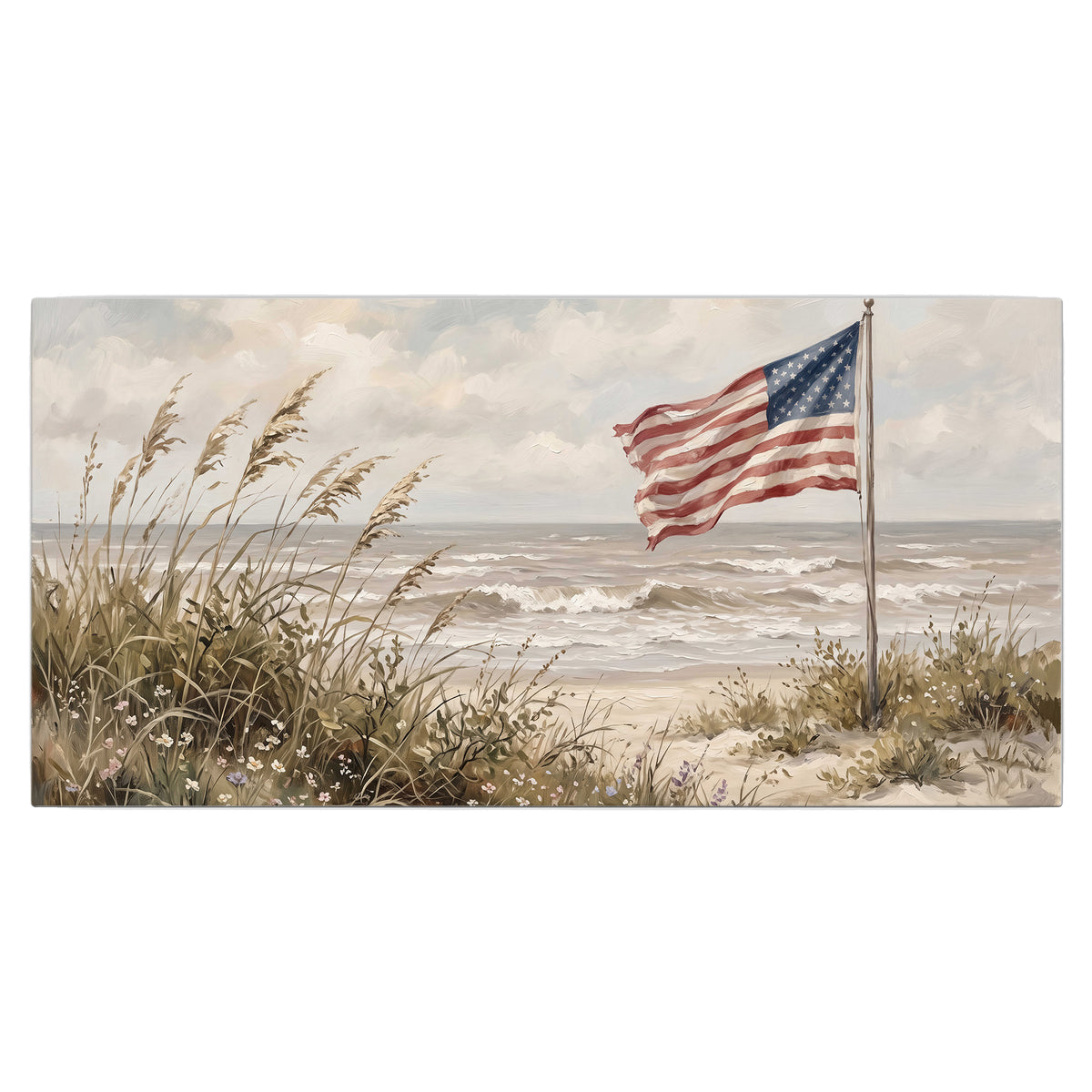 An American flag above coastal grasses beside a quiet sandy beach single canvas wall art viewed straight on