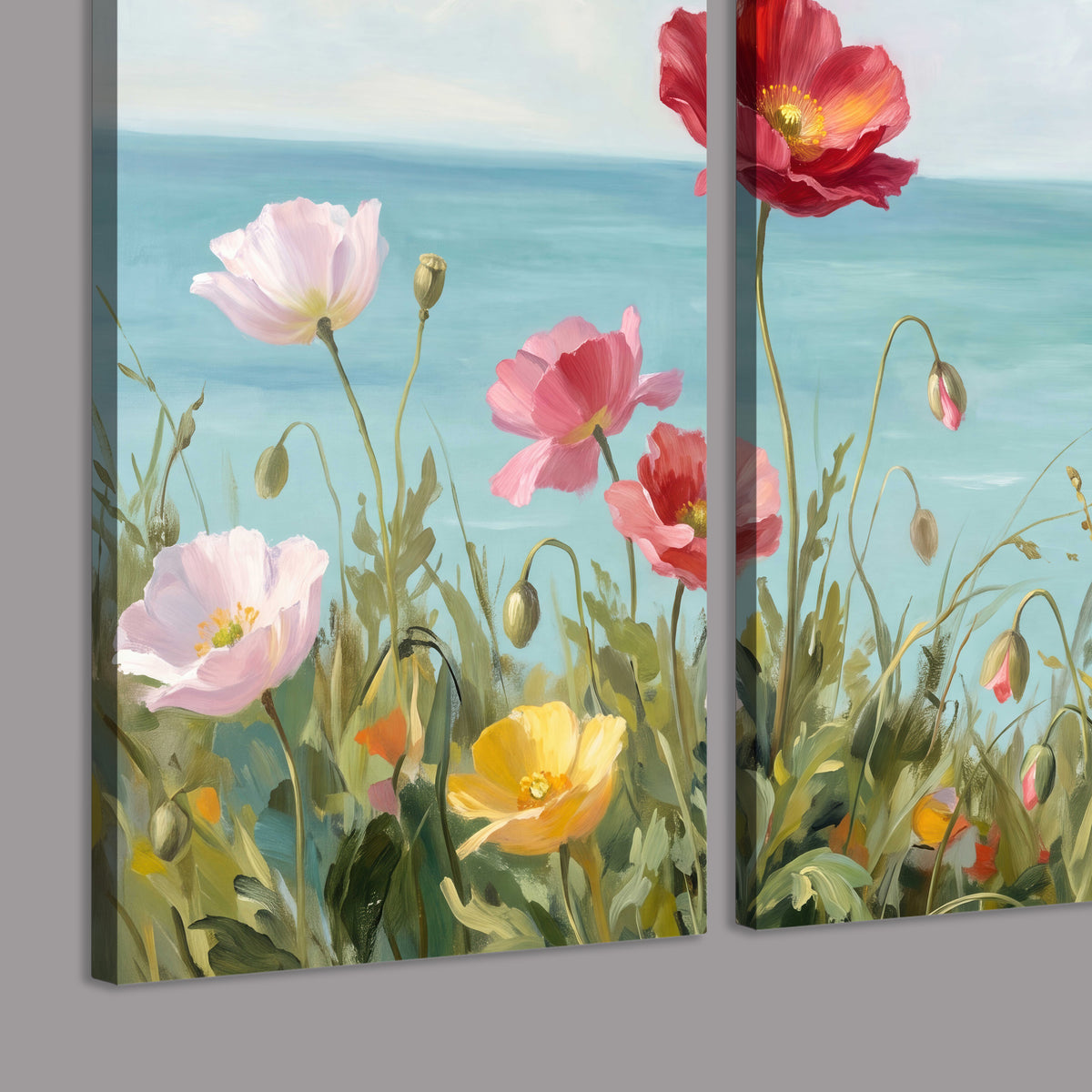 Colorful red, peach and yellow flowers beside a turquoise sea 3 piece canvas wall art room and product view