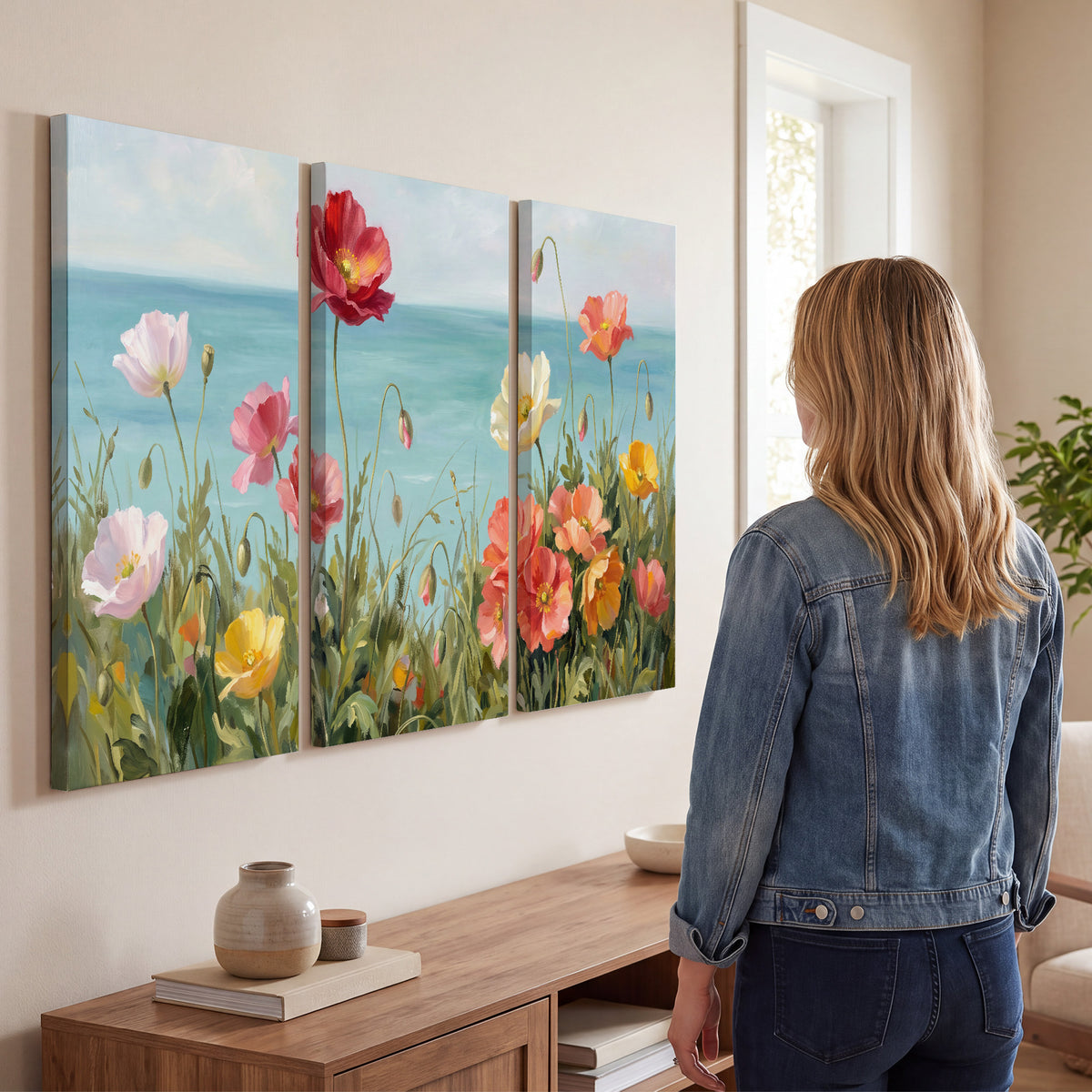 Colorful red, peach and yellow flowers beside a turquoise sea 3 piece canvas wall art three panel arrangement on a wall