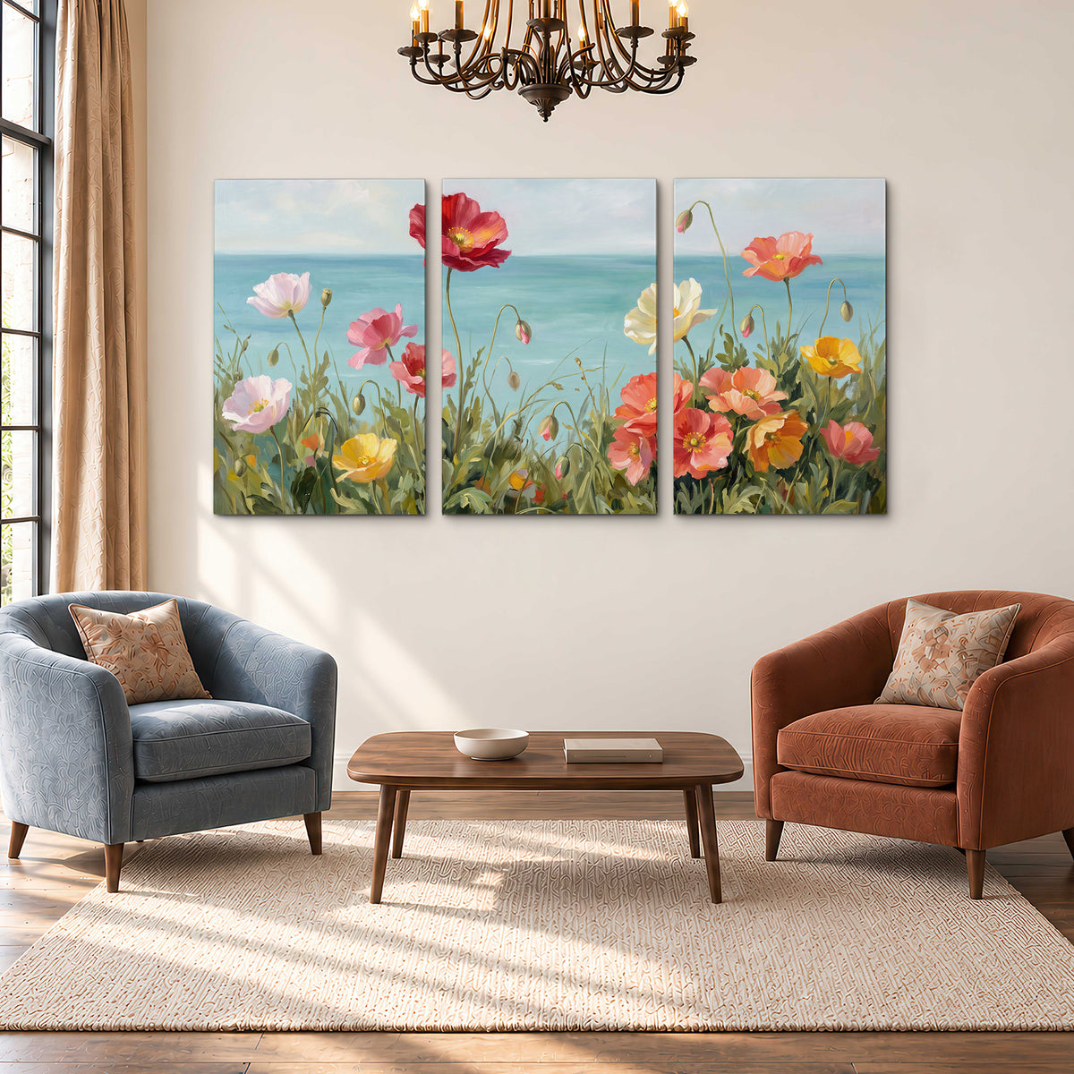 Colorful red, peach and yellow flowers beside a turquoise sea 3 piece canvas wall art styled in an interior