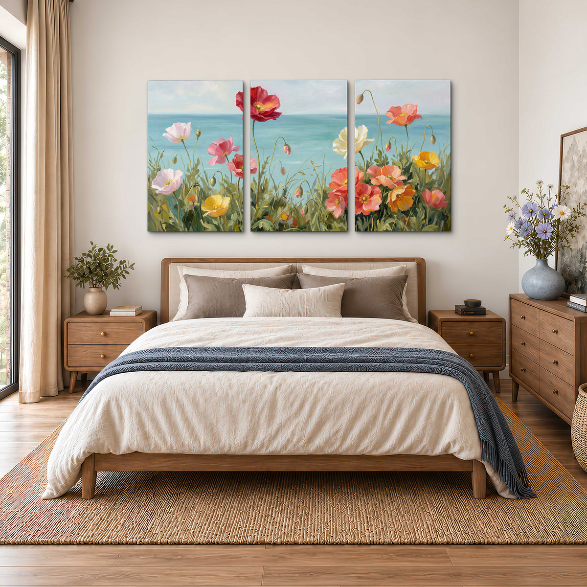 Colorful red, peach and yellow flowers beside a turquoise sea 3 piece canvas wall art styled in an interior