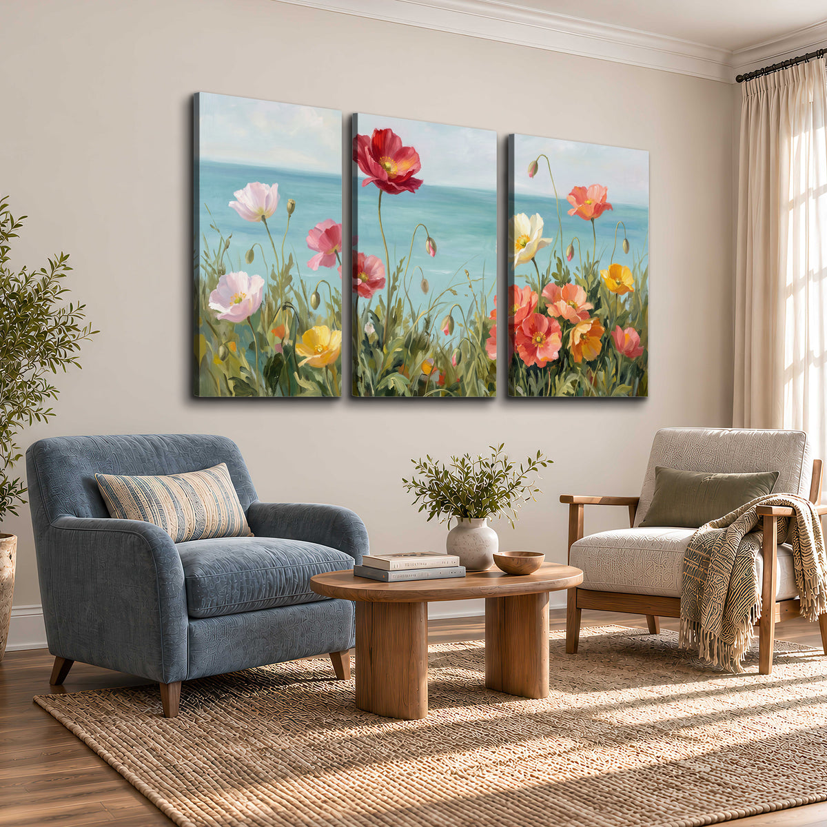 Colorful red, peach and yellow flowers beside a turquoise sea 3 piece canvas wall art styled in an interior