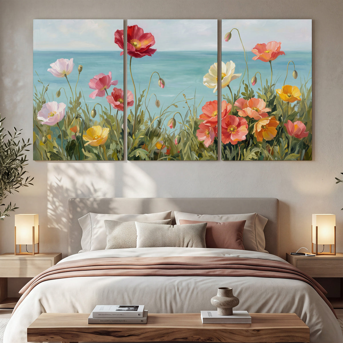 Colorful red, peach and yellow flowers beside a turquoise sea 3 piece canvas wall art displayed in a bedroom