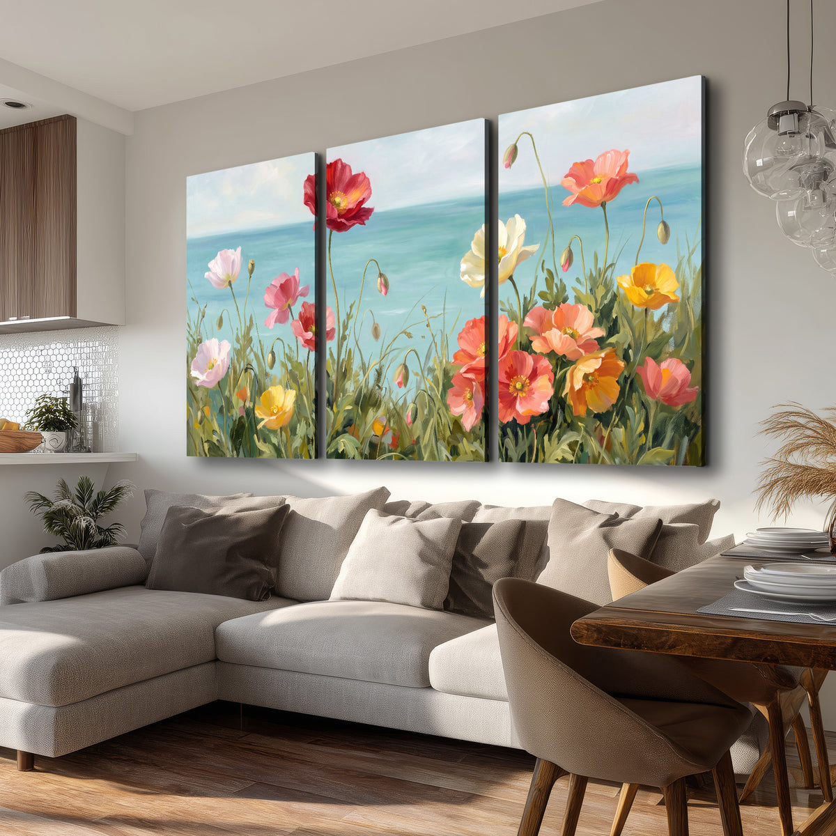 Colorful red, peach and yellow flowers beside a turquoise sea 3 piece canvas wall art room and product view