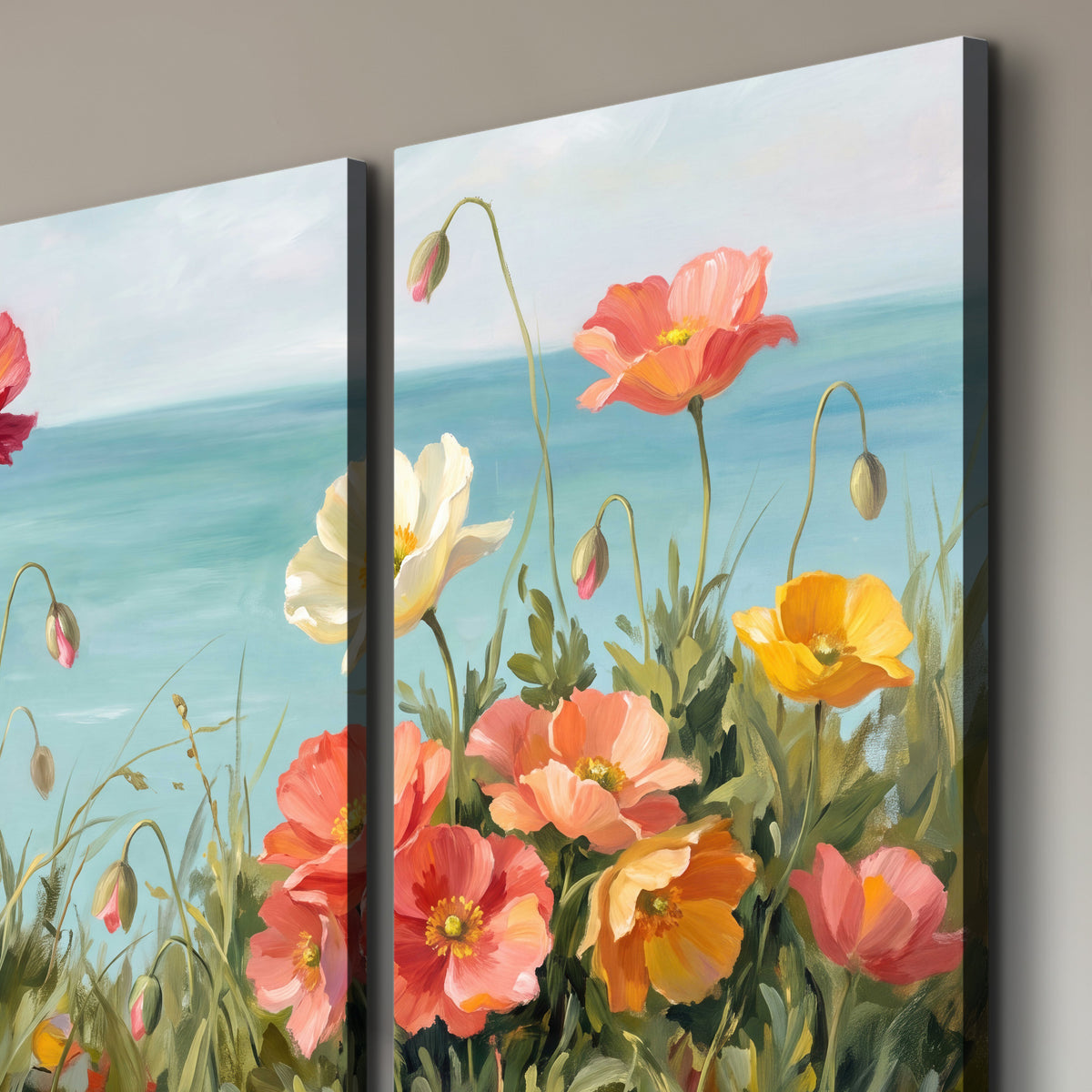 Colorful red, peach and yellow flowers beside a turquoise sea 3 piece canvas wall art room and product view
