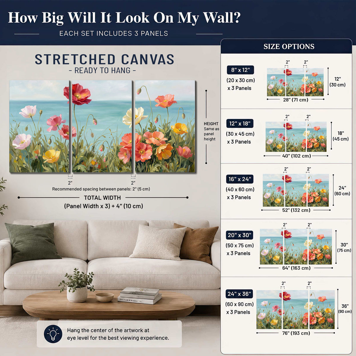 Colorful red, peach and yellow flowers beside a turquoise sea 3 piece canvas wall art size guide above a sofa; room view is illustrative